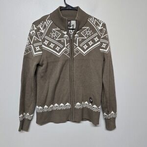 Norge Nordic Wool Blend Sweater Women's M Zip‎ Cardigan Fair Isle Brown White